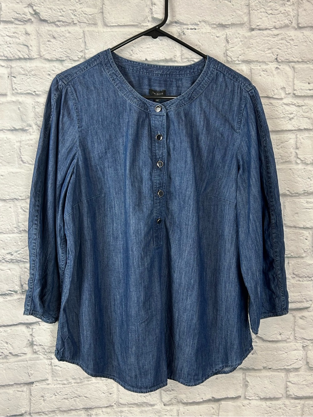 Talbots Chambray Tunic Top Women’s XL Blue 100% Cotton 3/4 Sleeve